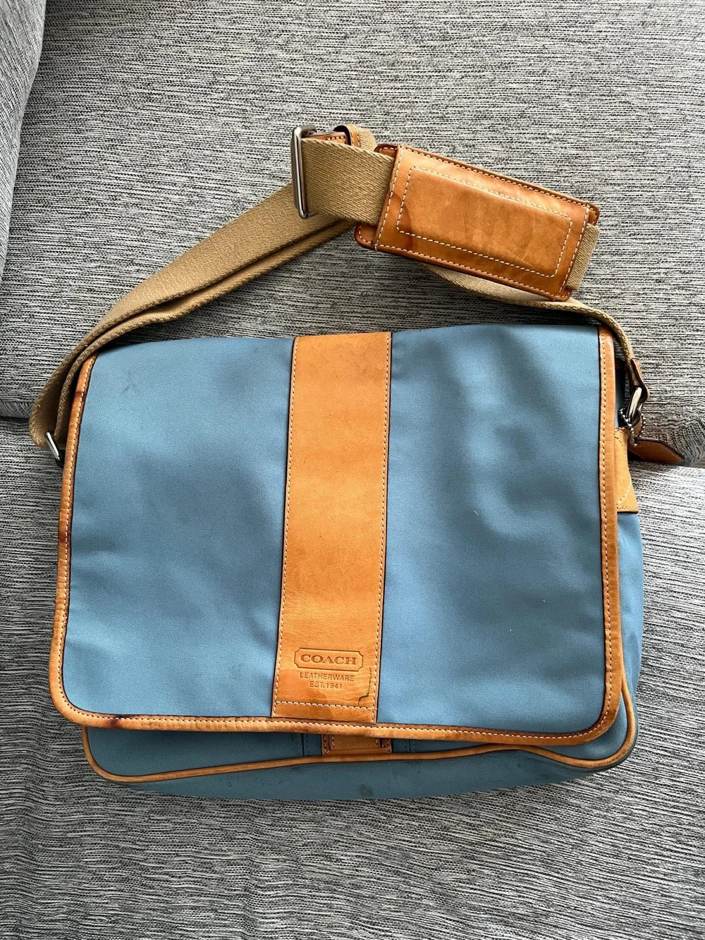 Coach Blue and Tan Leather-Trim Messenger Crossbody